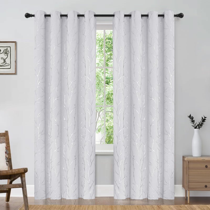 BUHUA White Curtains 95 Inches Long, Blackout Curtain Panels - Long Drapes, Thermal Insulated Window Curtains with Silver Tree Branches Print, 52W x 95L, Greyish White, 2 Panels - Image 2